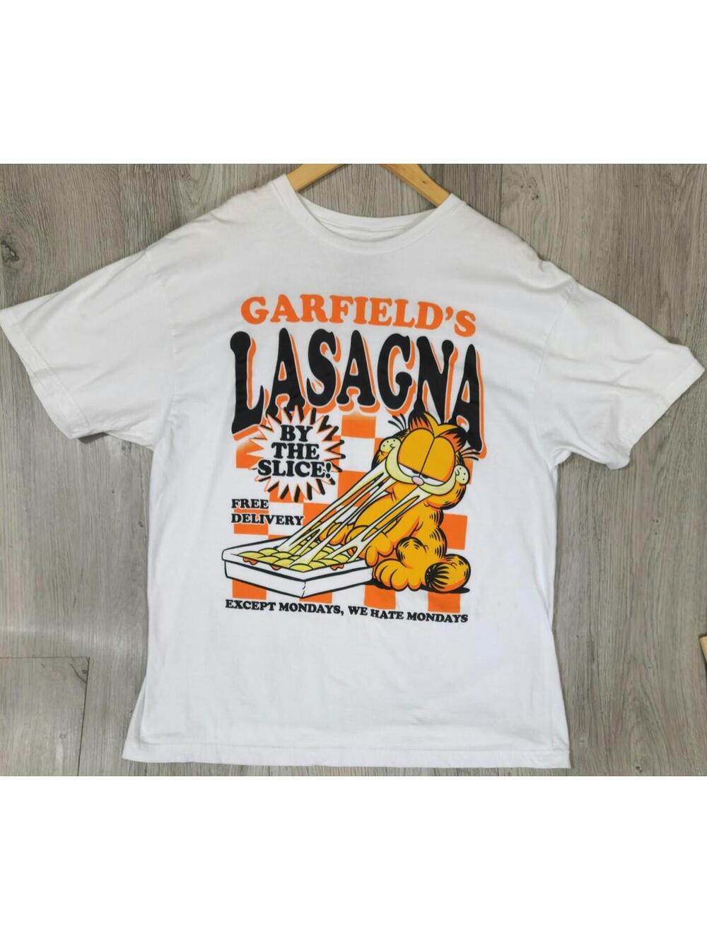 Garfield Lasagna White Short Sleeve 100% Cotton T-Shirt XL #12 Cartoon